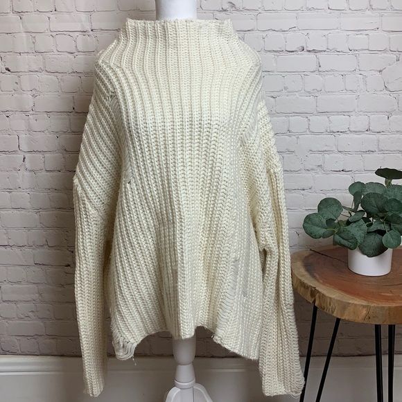 Umgee Distressed Mock Neck Chunky Knit Sweater - Picture 1 of 12